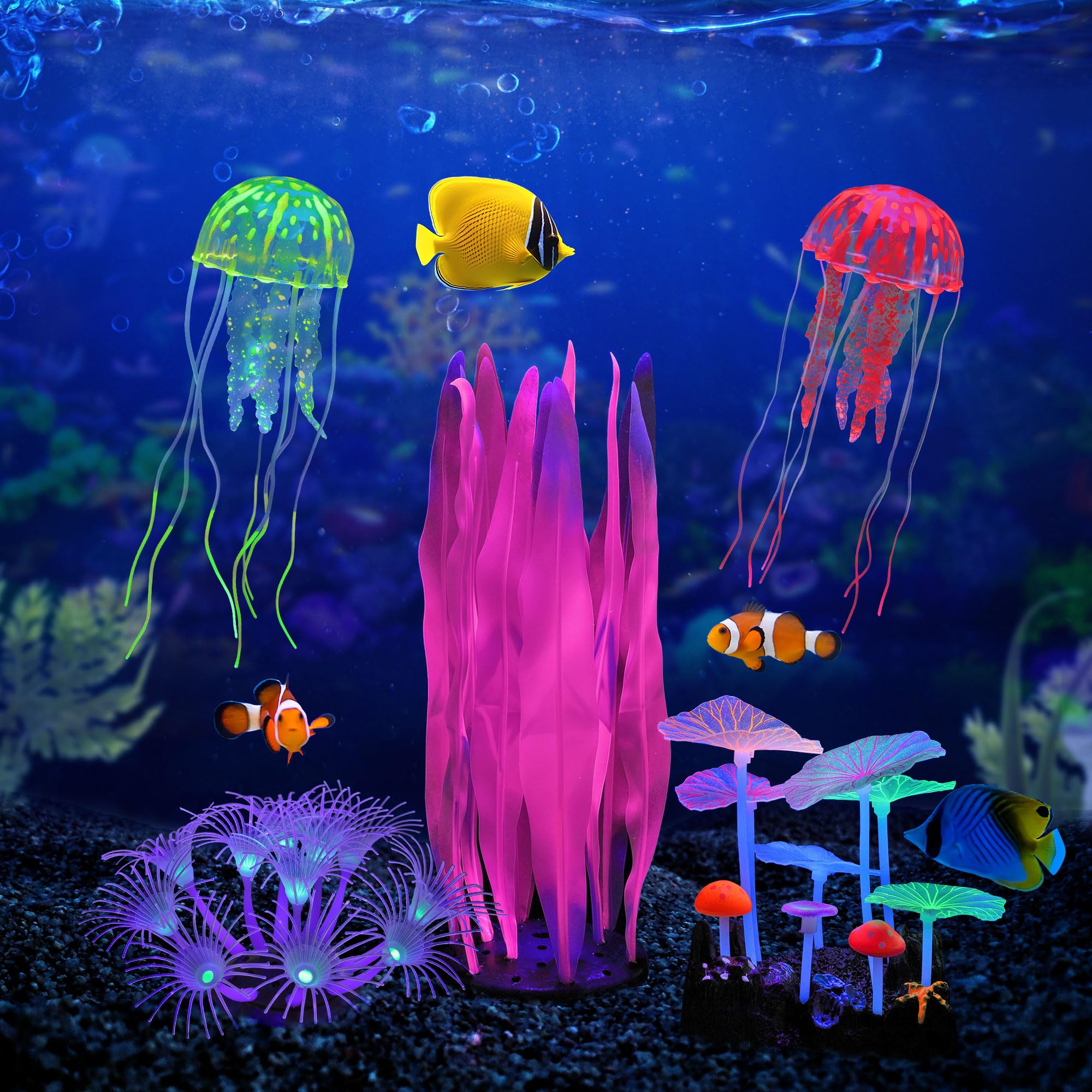 Filhome Glowing Fish Tank Decorations Plants 5 pcs Glow Aquarium Decoration Plants Kit Glowing Sea Anemone Coral Ornaments