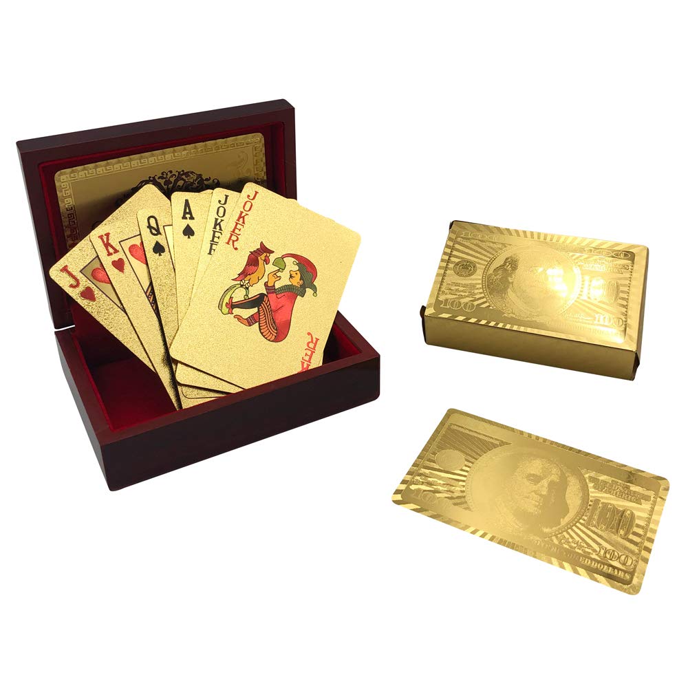 Yuanhe Gold Deck of Cards - Waterproof Playing Cards Luxury Playing Cards with Wooden Gift BoxGreat for Poker Cards Game Game Nights and Casino Party