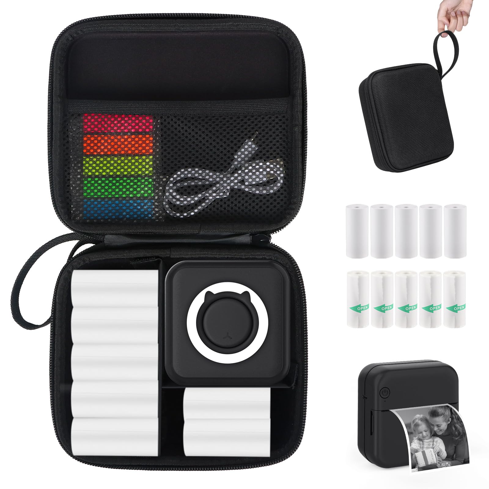 HUIJUTCHEN Black Mini Pocket Printer with Black Case Mini Thermal Printer with 10 Rolls Thermal Paper Mini Portable Photo Printer for Travelling Journal Memo Photo Study Notes Shopping Lists