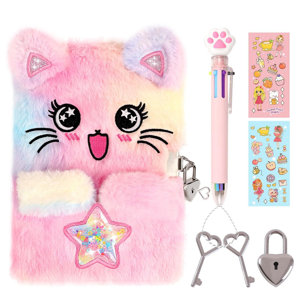 PrinBarBee Cat Diary for Girls with Lock and KeysTie-Dye Fuzzy Journal for KidsHardcover Fluffy Locking Notebook for Writing and Drawing4-12 Year Old Girl Birthday (A Star-Cat)