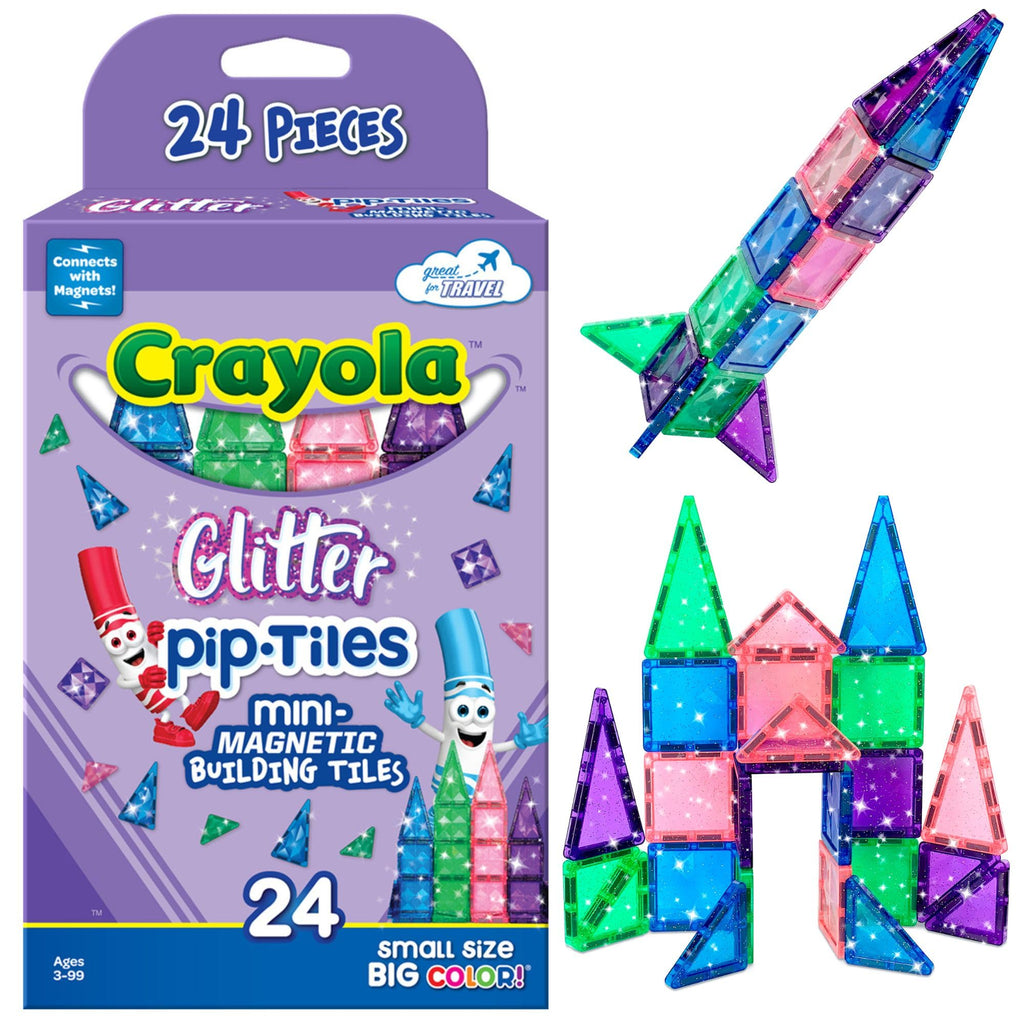 CreateOn Crayola Mini Magnetic PIP-Tiles Building Set for Kids Magnetic Building Toys for Kids STEM Travel Toys for Boys and Girls Ages 3+ 24-Piece Set (Glitter)