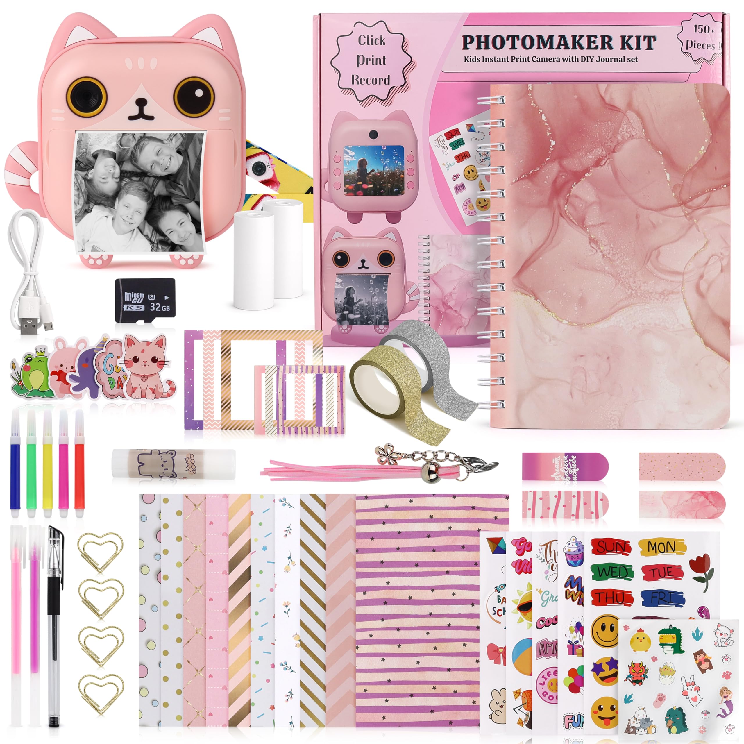 FINcredible Photomaker Kit - Instant Print Camera for Kids Plus DIY Journal Kit for Girls - 150 Pcs Tween Journal & Camera for Girls - 6 7 8 9 10 11 12 13 14 Year Old Girl (Cat)